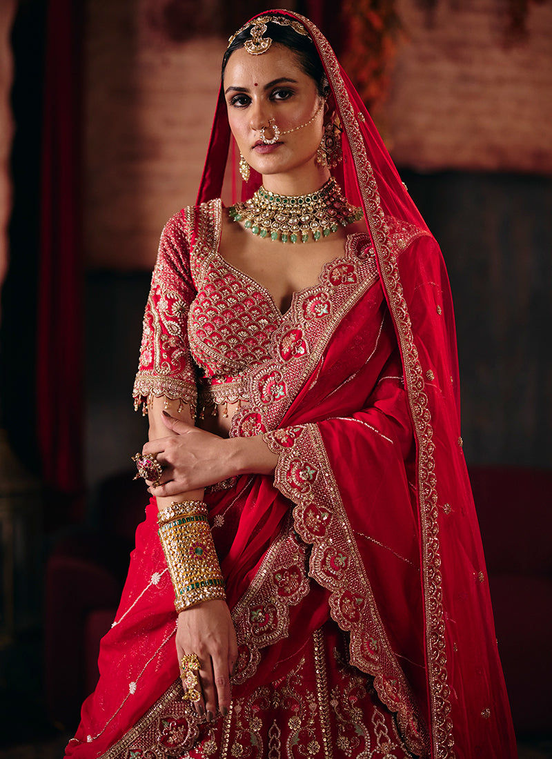 Buy Crimson Red Embroidered Lehenga Choli Online At Hatkay