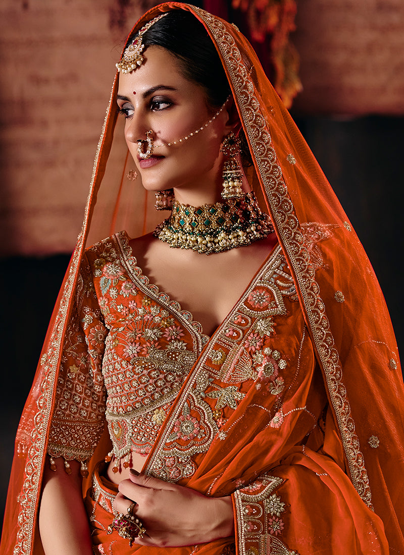 Rust Orange Embroidered Silk Lehenga Choli And Dupatta