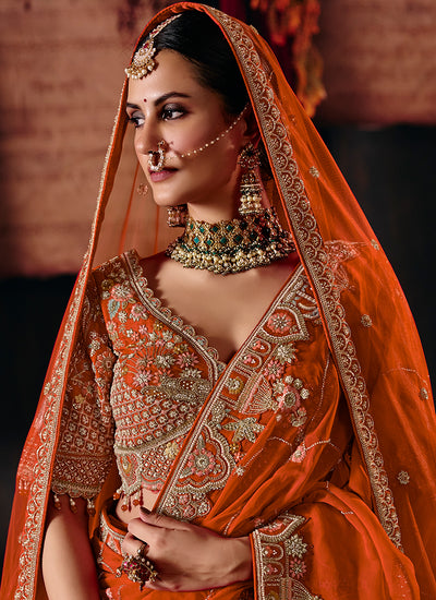 Rust Orange Embroidered Silk Lehenga Choli And Dupatta