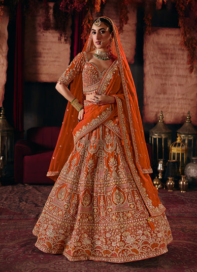 Orange Embroidered Silk Lehenga Choli And Dupatta