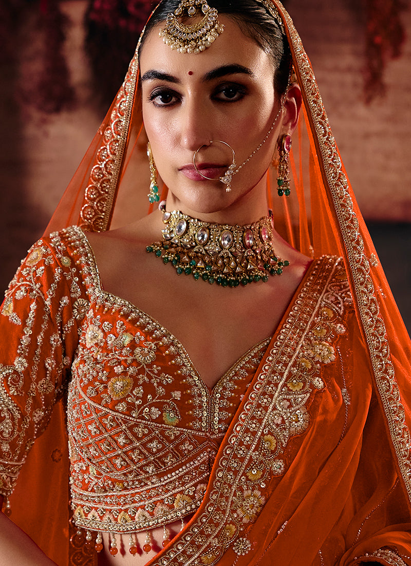 Shop Orange Silk Lehenga Choli In UAE
