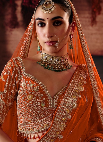 Shop Orange Silk Lehenga Choli In UAE
