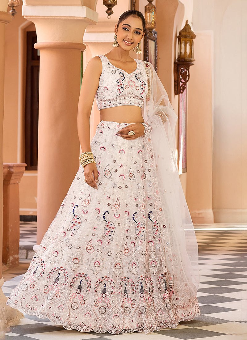 Pearl White Embroidery Lehenga Choli At Hatkay