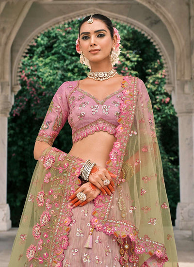 Buy Pink And Green Bridal Lahenda Choli In USA