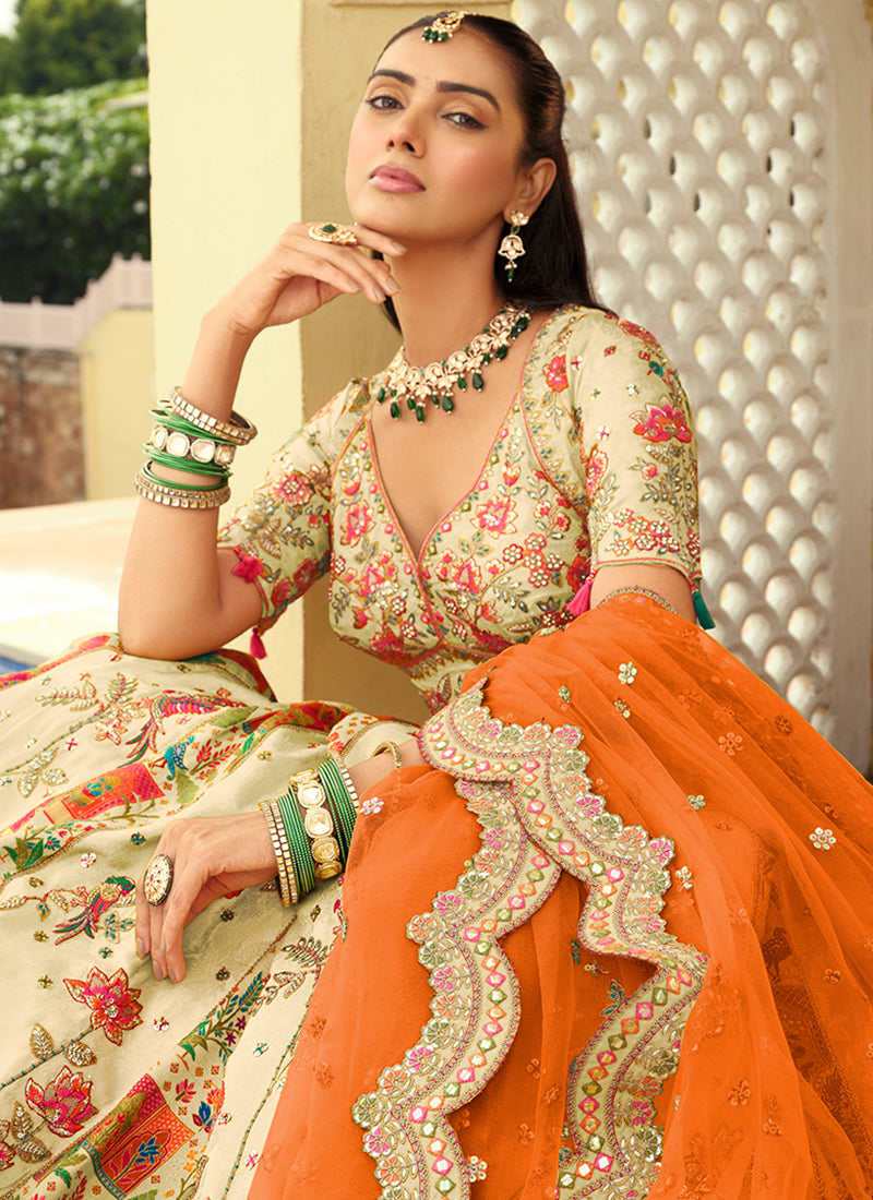 Buy Pale Yellow And Orange Bridal Lengha Choli In USA