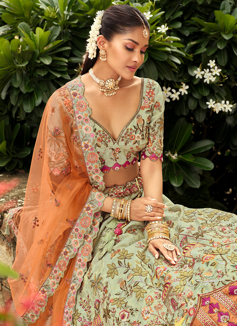 Buy Mint And Orange Bridal Lehenga Choli In USA