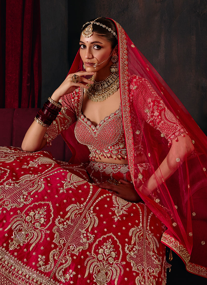 Shop Red Embroidered Bridal Lehenga Choli In UAE
