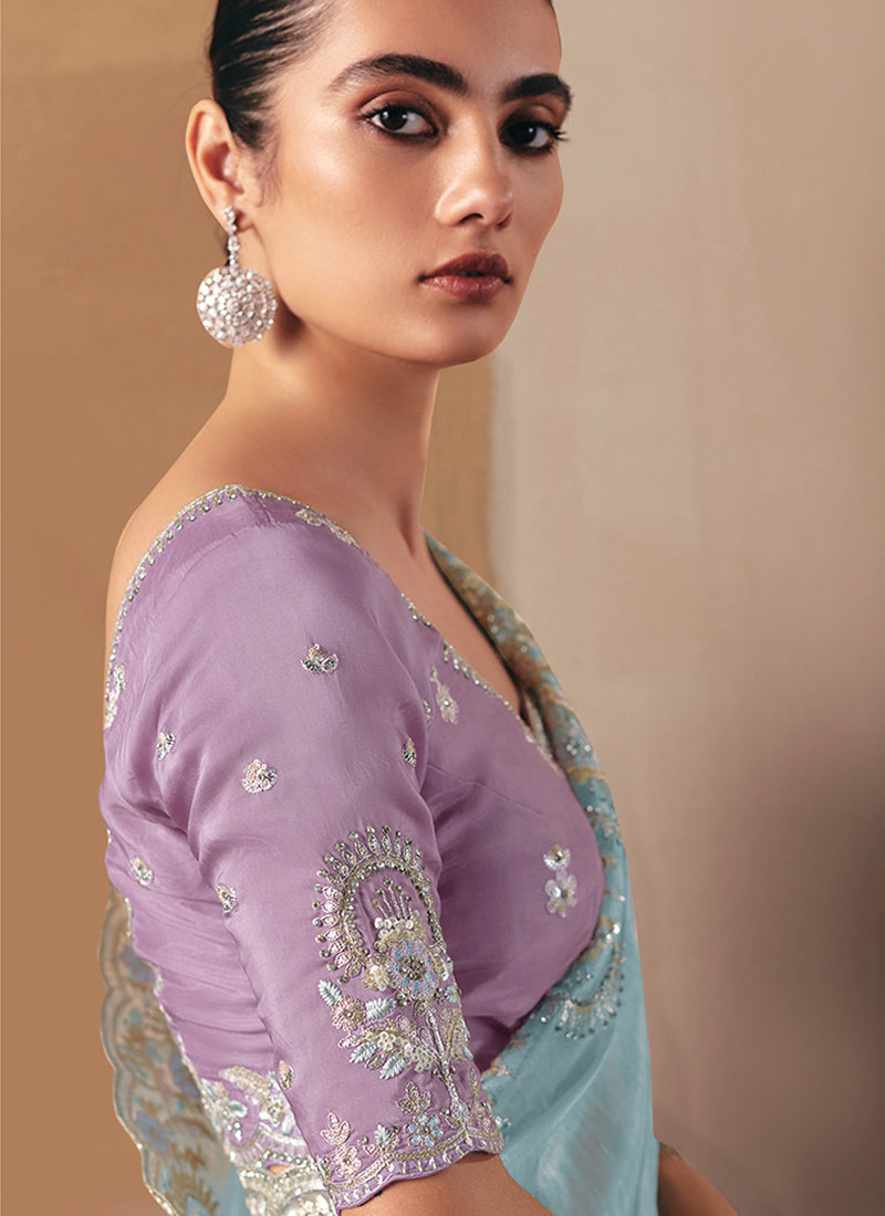 Sky Blue Designer Saree At Hatkay