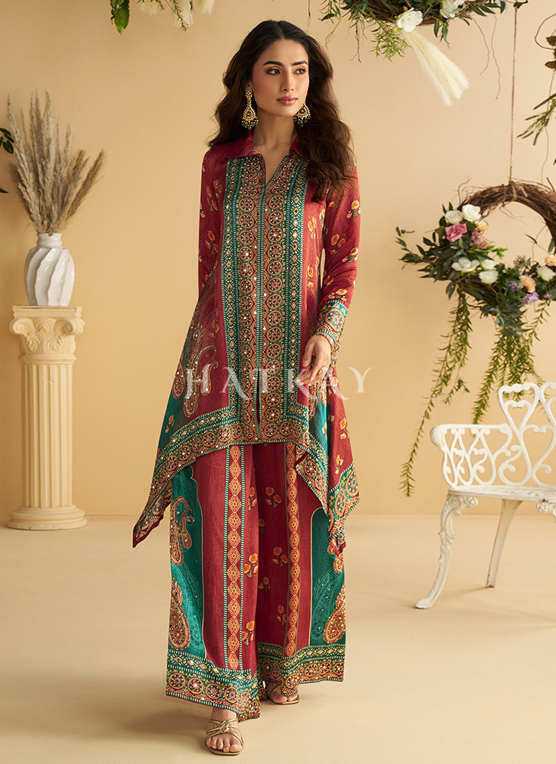 Buy Red And Teal Embroidery Poncho Style Co Ord Set Online | Hatkay Buy Red And Teal Embroidery Poncho Style Co Ord Set Online | Hatkay