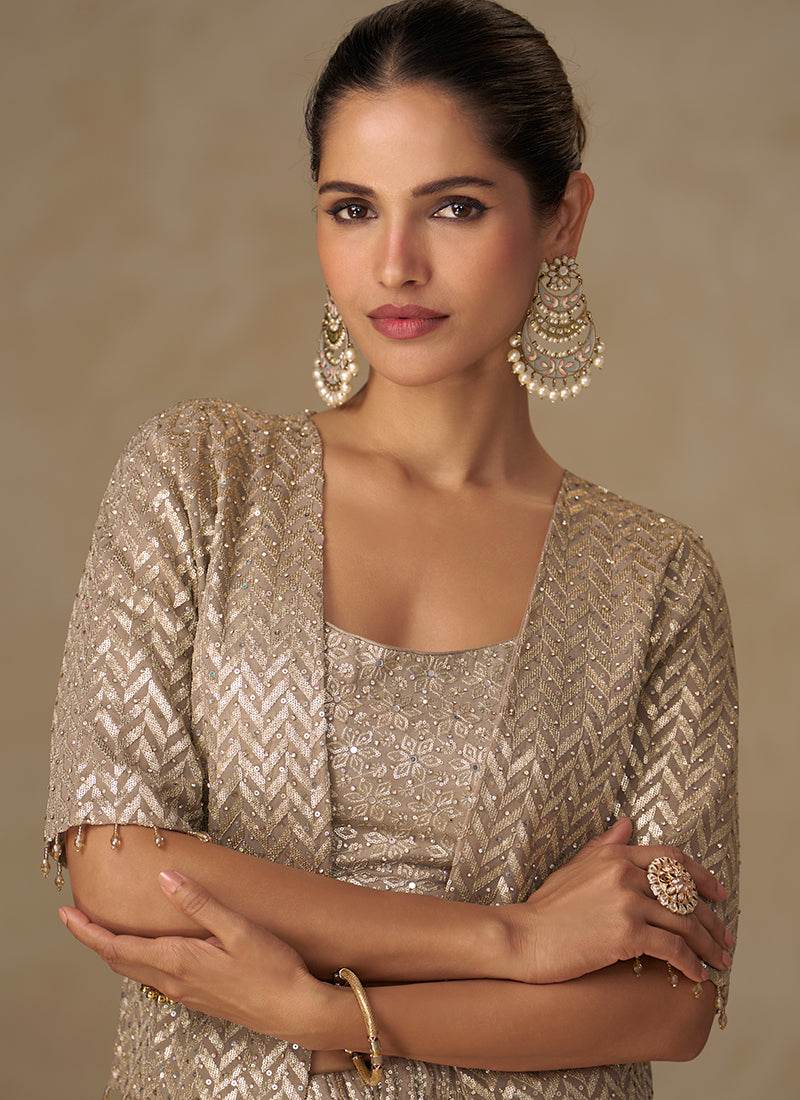 Copper Beige Embroidery Jacket Style Co-Ord Set