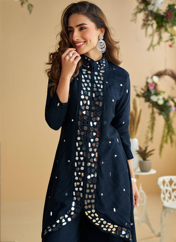 Navy Blue Mirror Work Embroidery Co-Ord Set