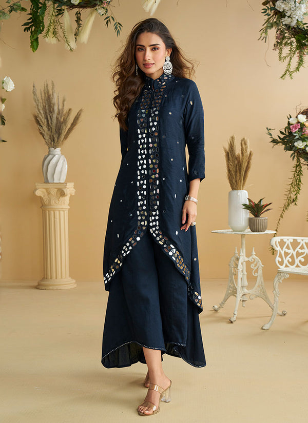 Navy Blue Mirror Work Embroidery Co-Ord Set