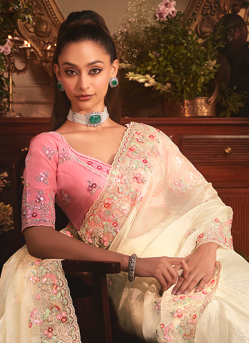 Cream And Pink Traditional Sari