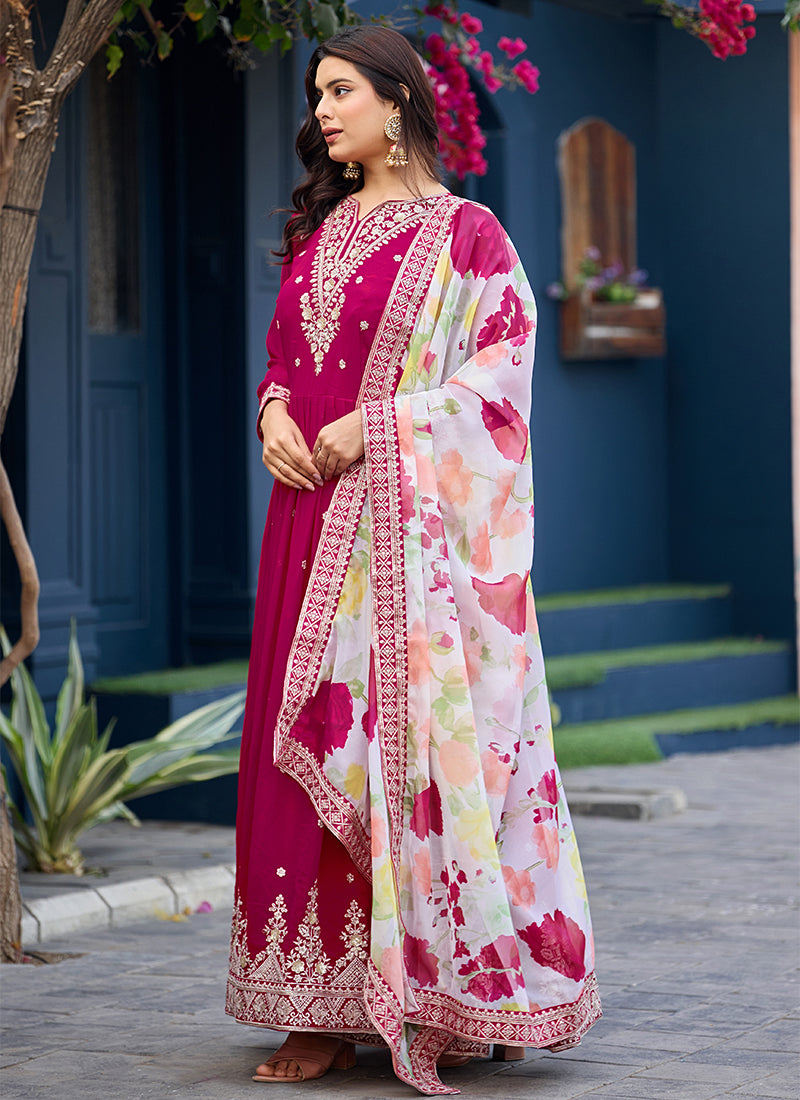 Rani Pink Traditional Embroidered Georgette Anarkali Gown