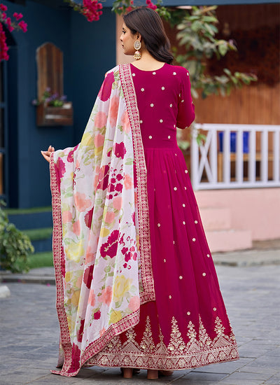 Rani Pink Traditional Embroidered Georgette Anarkali Gown