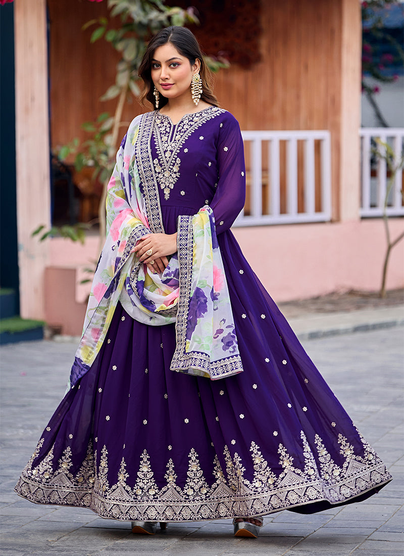 Royal Purple Traditional Embroidered Georgette Anarkali Gown