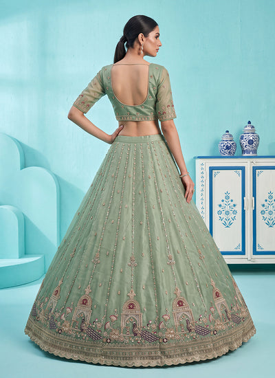 Shop Mint Green Silk Lehenga In USA