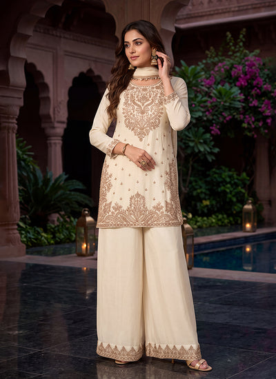 Off White Handwork Embroidered Palazzo Suit