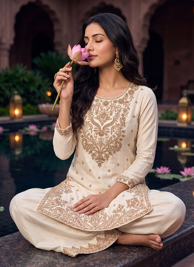 Shop Off White Embroidered Palazzo Suit In UK