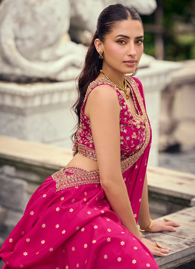 Shop Magenta Jacquard Silk Palazzo Suit In USA