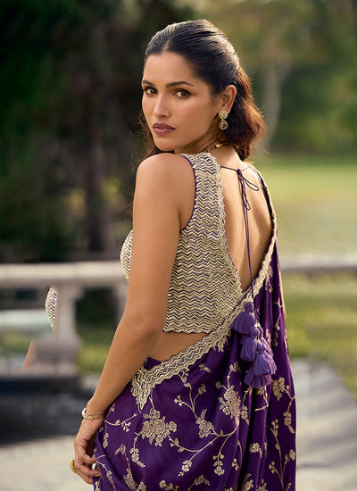 Buy Purple Jacquard Silk Palazzo Suit In UAE