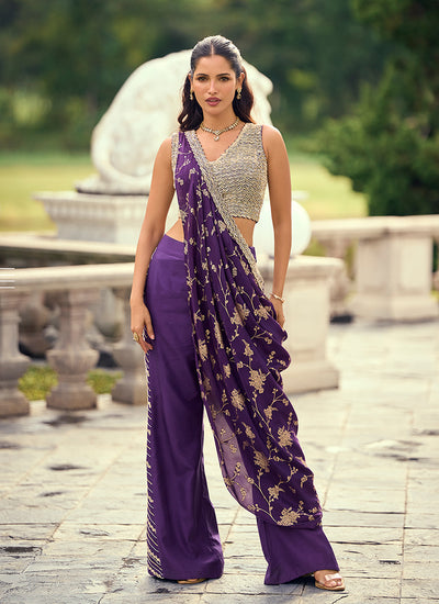 Purple Embroidered Jacquard Silk Palazzo Suit