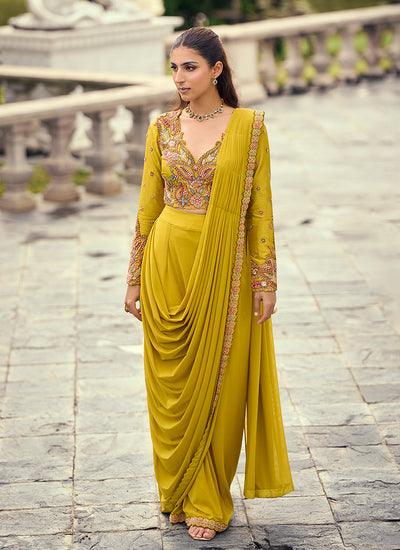 Yellow Embroidered Saree Style Drape Skirt Set