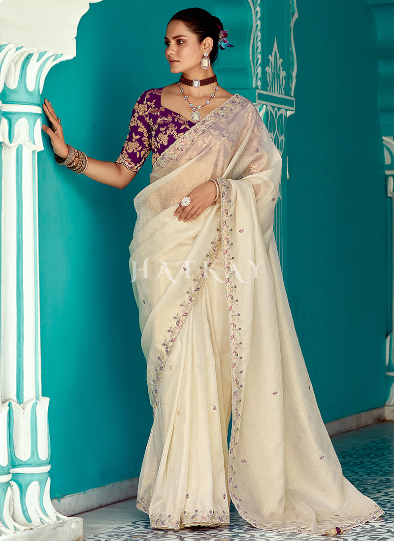 Pearl White Embroidered Designer Saree