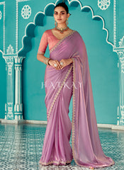 Lavender And Peach Embroidered Designer Saree