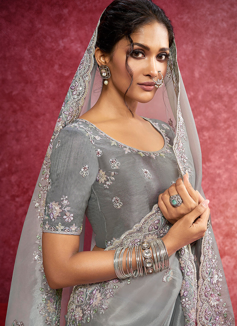 Buy Grey Latest Indian Designer Saree - HATKAY
