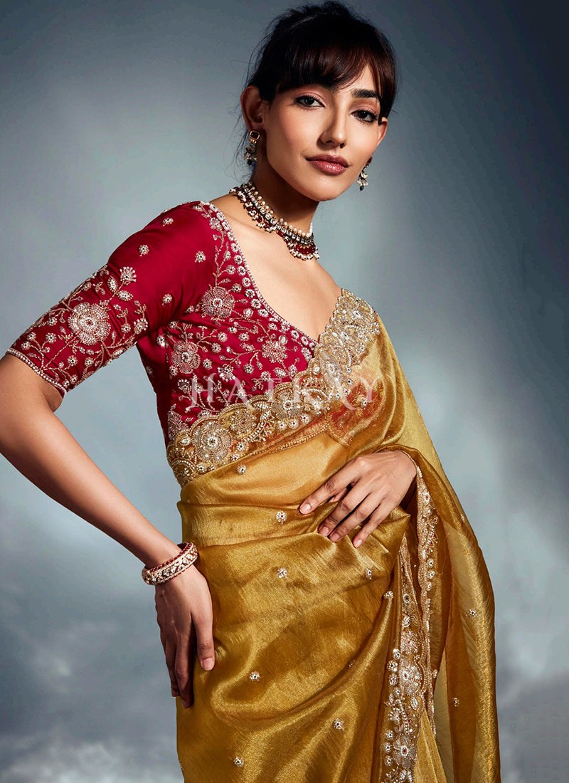 Yellow And Red Bollywood Silk Saree