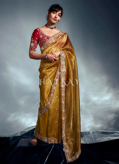 Shop Yellow And Red Designer Silk Saree