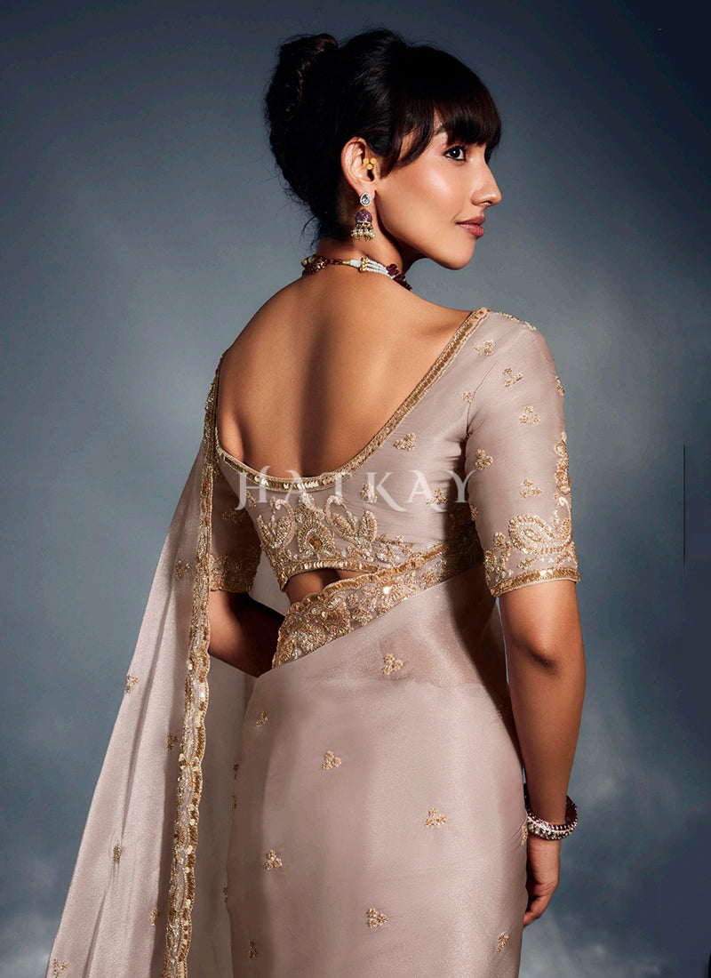 Blush Pink Designer Embroidered Silk Saree