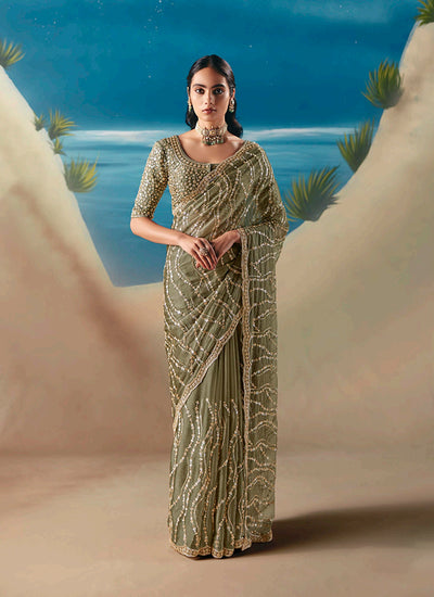 Olive Green Designer Saree