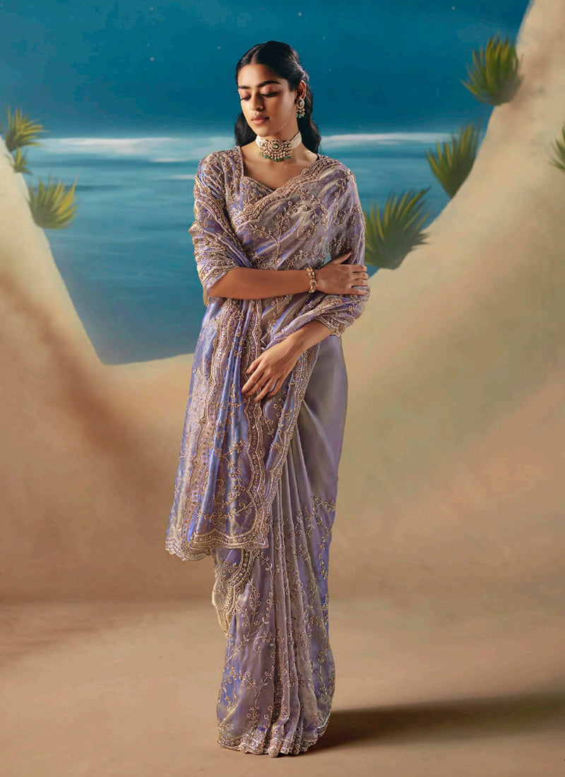 Persian Indigo Embroidered Designer Saree