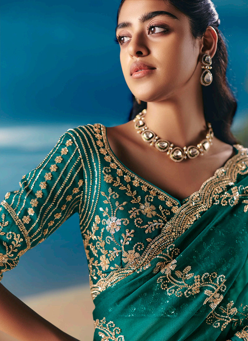 Emerald Green Embroidered Designer Saree