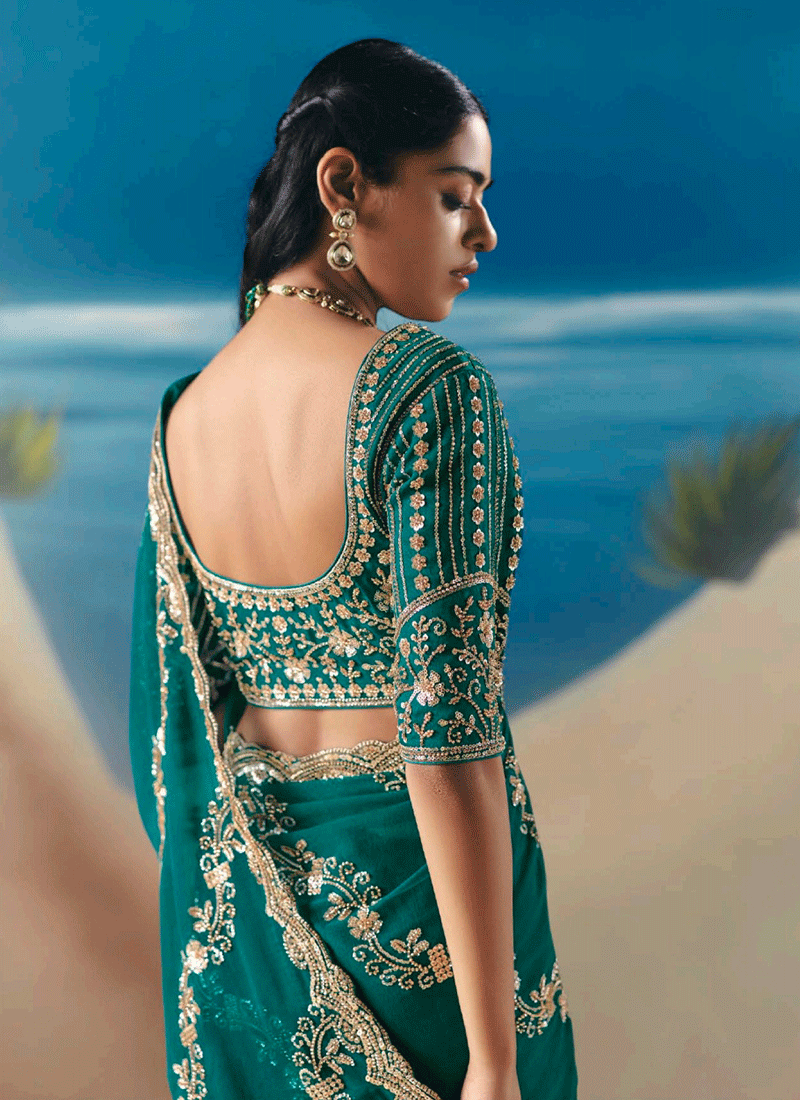 Emerald Green Embroidered Designer Saree