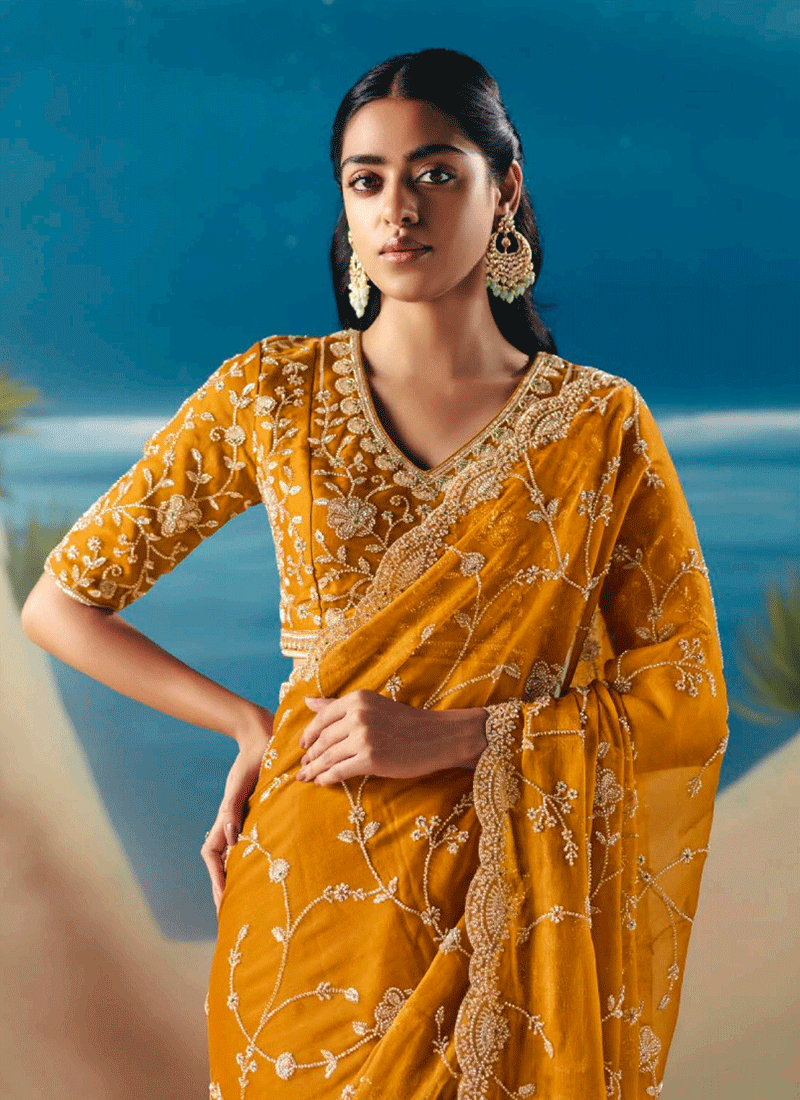 Golden Yellow Embroidered Designer Saree