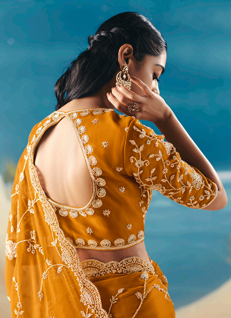 Golden Yellow Embroidered Designer Saree
