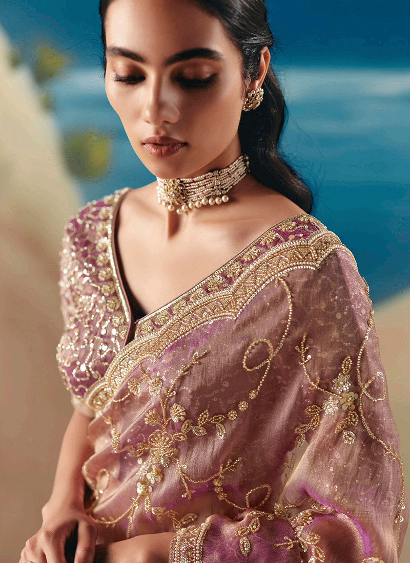 Vivid Pink Embroidered Designer Saree