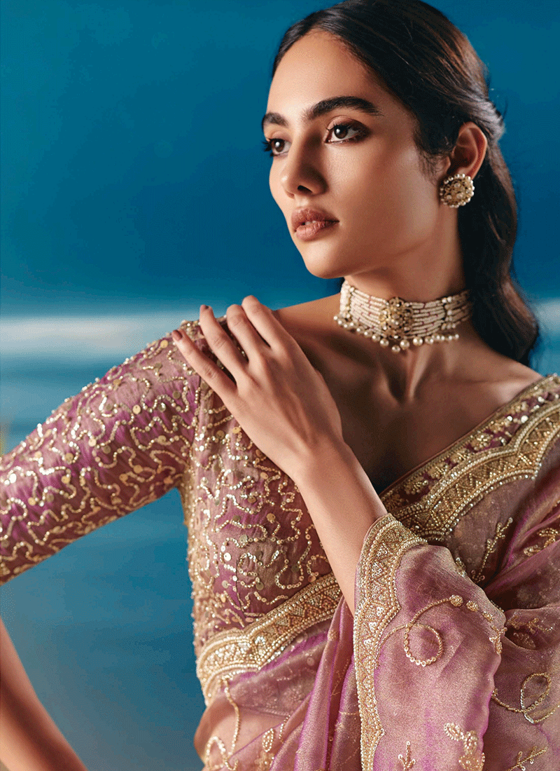 Vivid Pink Embroidered Designer Saree