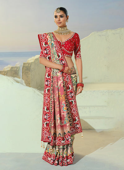 Shop Cream And Red Patola Saree Online