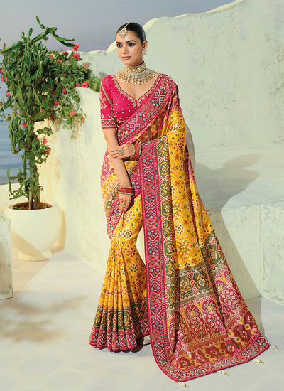 Yellow And Pink Embroidered Patola Saree With Blouse