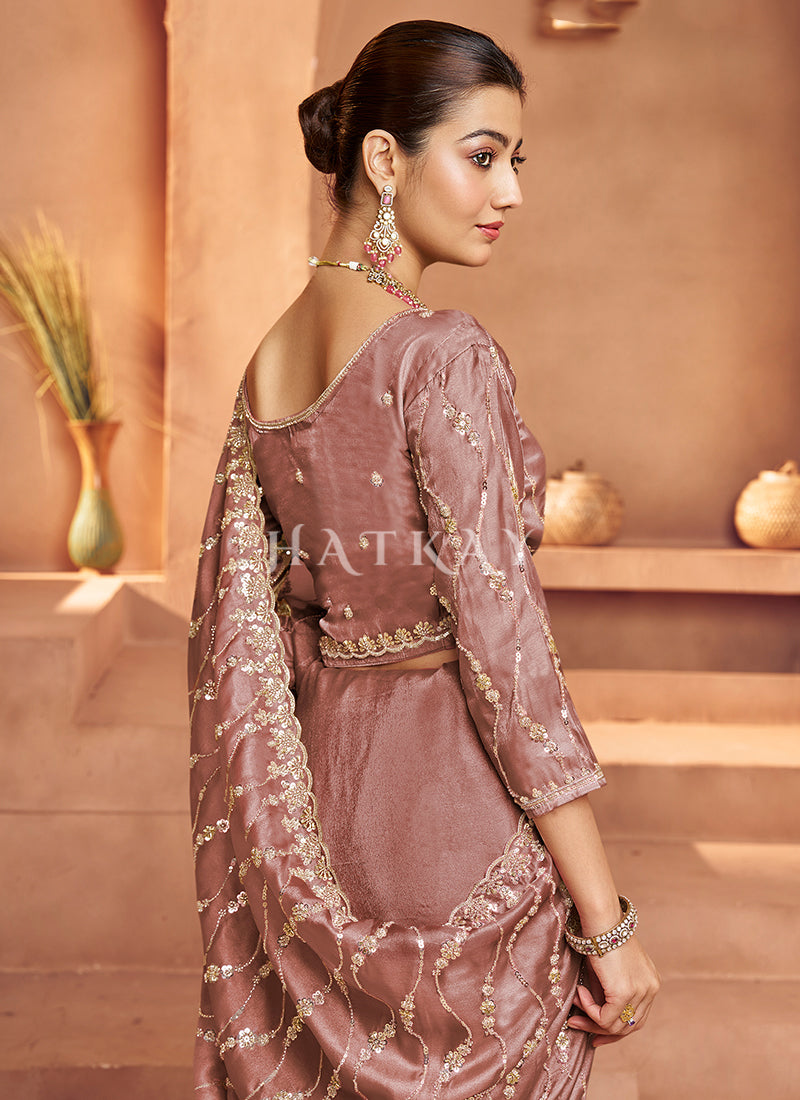 Rose Gold Embroidered Sari At Hatkay