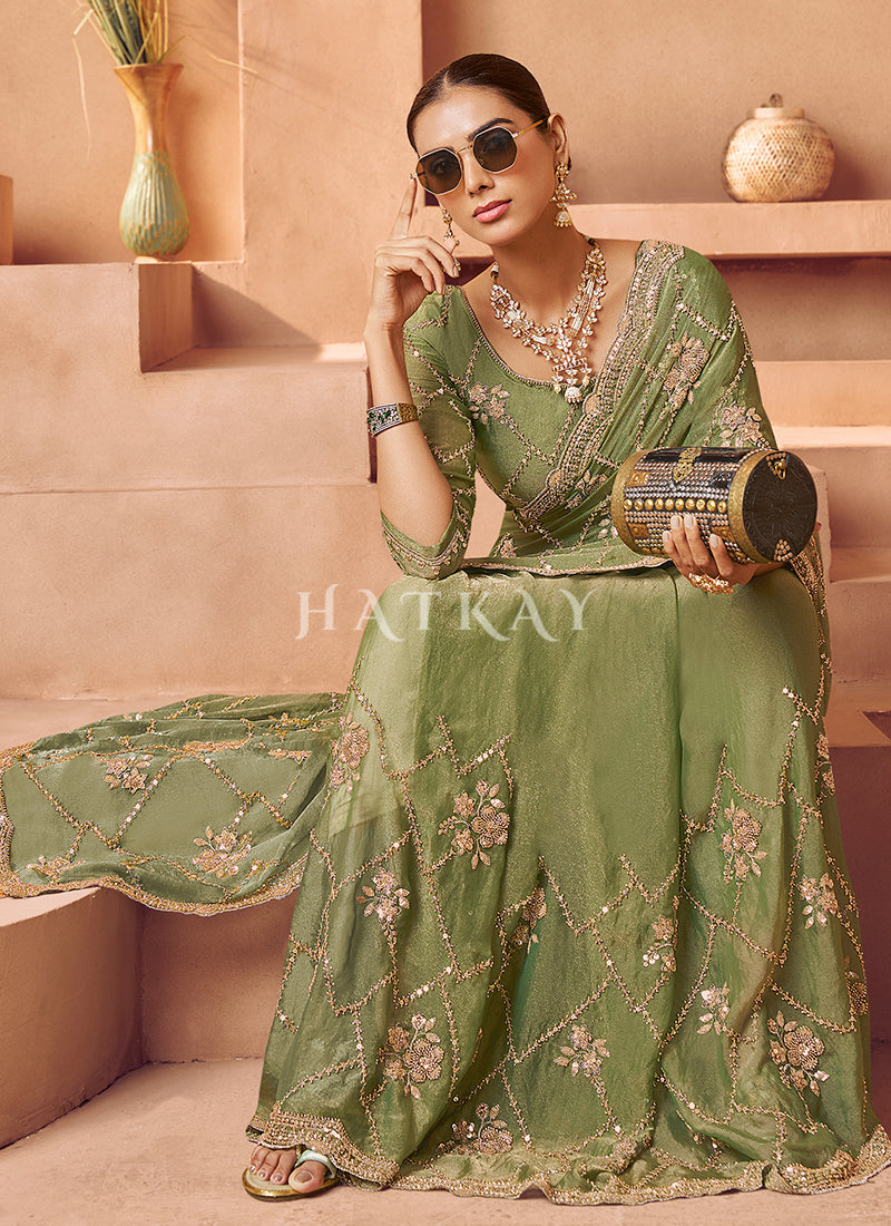 Shop Green Embroidered Sari In UK