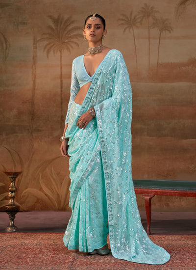Sky Blue Sequins Embroidery Georgette Saree