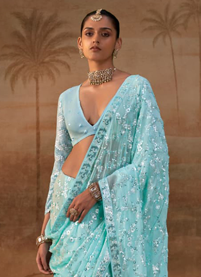 Buy Sky Blue Sequins Embroidery Sari In UK