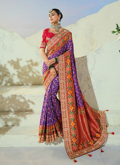 Purple And Red Embroidered Patola Saree With Blouse