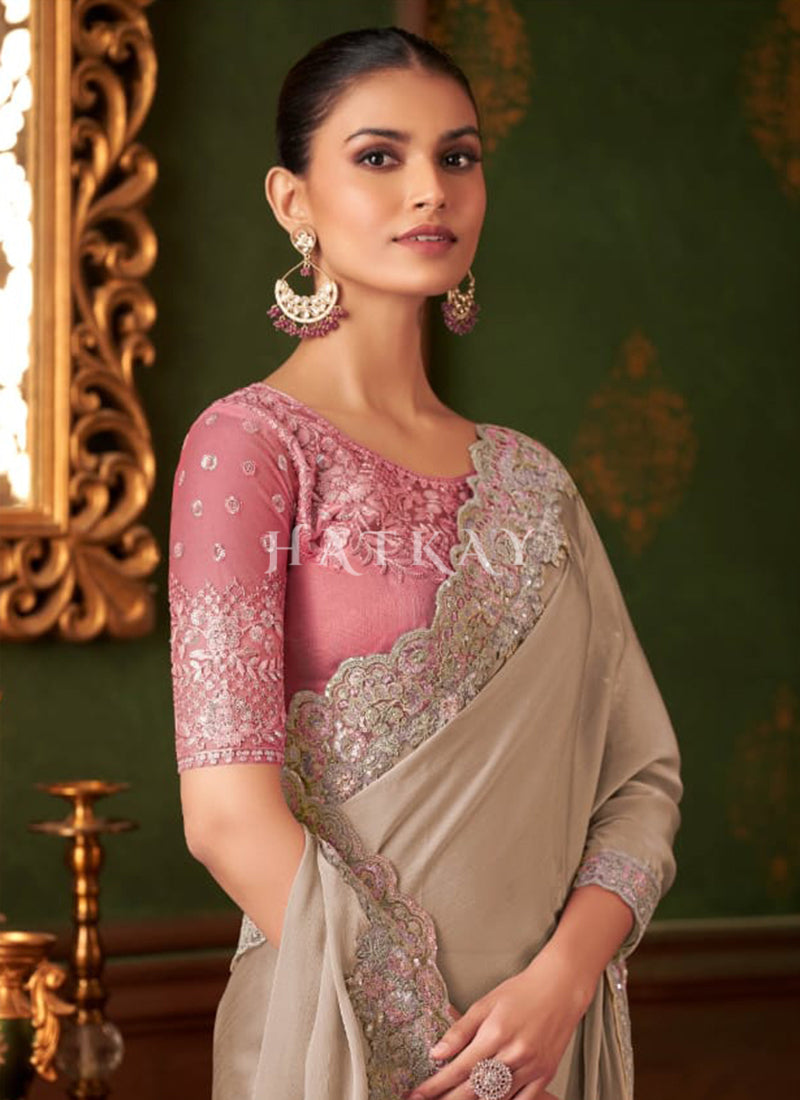 Buy Beige And Pink Saree In USA