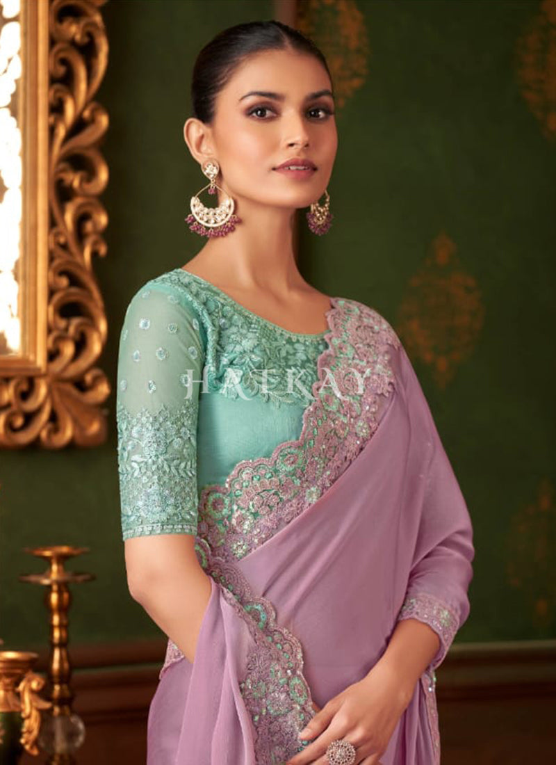 Shop Lavender And Teal Saree In Canada